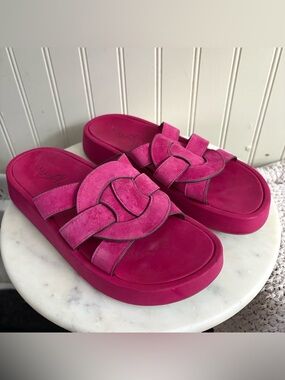 Naked Feet Suede Platform Slide Sandals Women’s 7 Hot Pink Boho Summer Designer